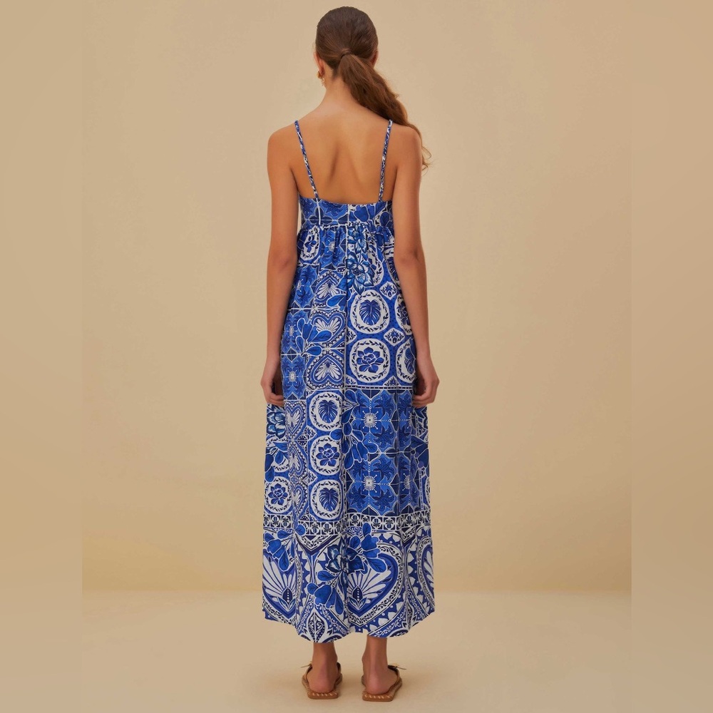 Caroline Constas Maxi Dress Blue Tile Print Size Small 100% Cotton Designer NWT - Picture 4 of 13